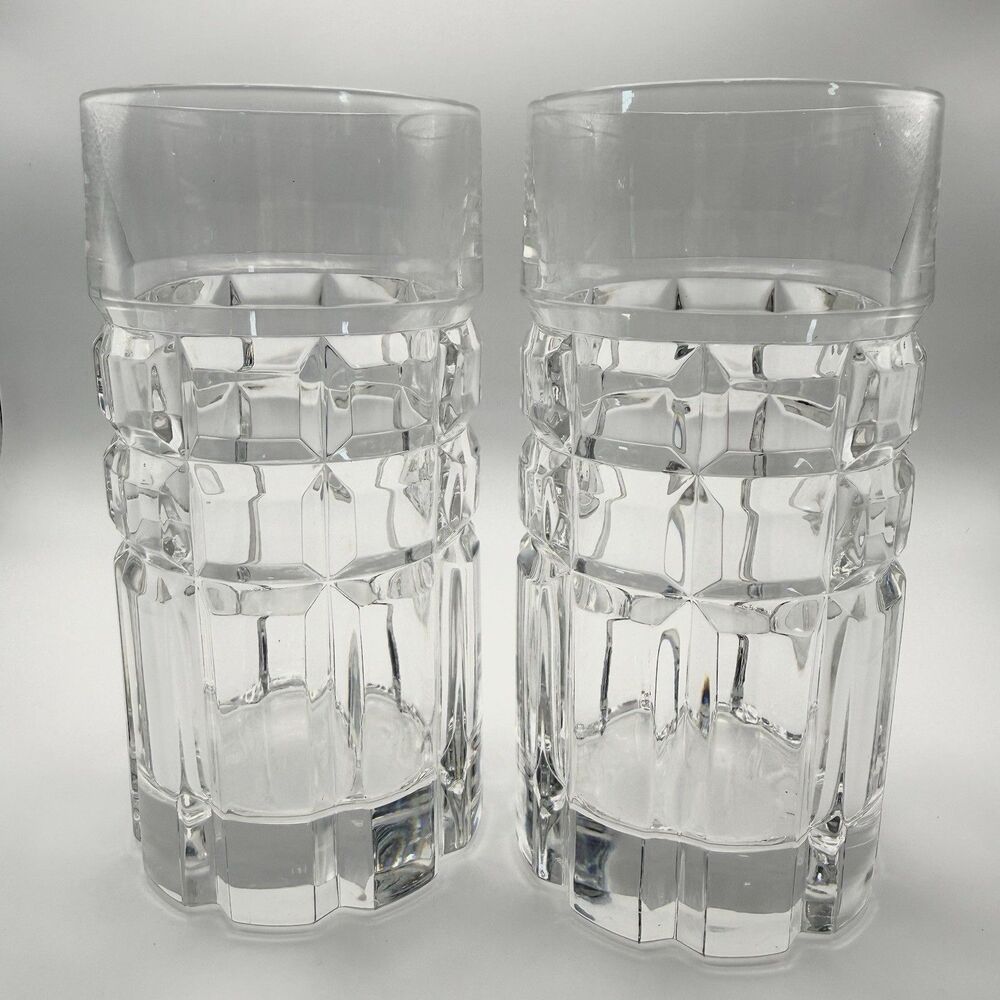 Miller Rogaska Cut Crystal Set of 2 Heavy Highball Glasses Rare Emerald Pattern